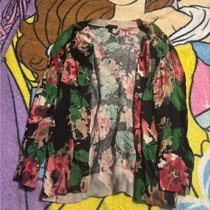 Talbots Floral Open Cardigan in Black, Green & Pink